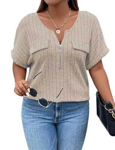 Gemulate Plus Size Tops for Women V Neck Zipper T-Shirts Oversized Ladies Tops Ribbed Short Sleeve Tunic Top Loose Casual Lightweight Shirt Blouses XL-5XL