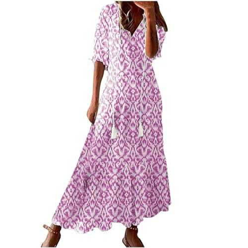 Women's Summer Dress V Neck Boho Maxi Dresses Casual Half Sleeve Long Dress Bohemian Pleated Beach Dress Ladies Flowy Holiday Swing Loose Fit Dresses for Party Evening