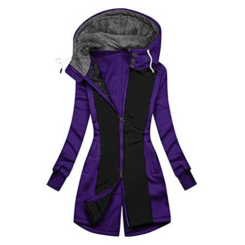 AMhomely Women Coats and Jackets,Ladies Warm Hoodie Ring Decor Zipper Patchwork Coat Jacket Long Outerwear for Winter Cold Weather UK Size S-5XL, Khkai