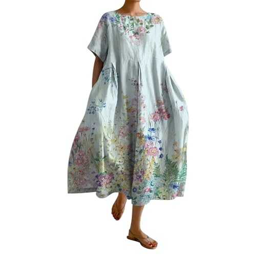 HOOUDO Women's Floral Summer Dresses Plus Size Short Sleeve Beach Sundresses Casual Loose Long Maxi Dresses Ladies Swing A Line Boho Dresses with Pockets