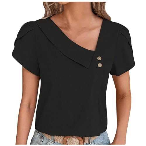 Women Tops Clearance Summer V-Neck Short Sleeve Tees Shirts Button Diagonal Collar Tunic Blouse Shirts Fashion Solid Slim Casual Blouse Elegant Shirts for Work