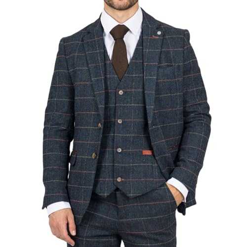 TruClothing Men's Blazer Navy Blue Checked Herringbone Tweed Sport Coat Plaid Tailored Fit