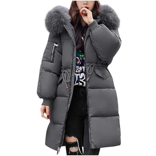 HOOUDO Womens Quilted Jacket Winter Puffer Coats Ladies Lightweight Down Jackets with Fur Hood Plus Size Warm Long Sleeve Parka Outwear Trench Coat