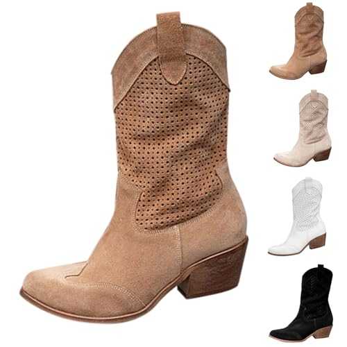 Slouchy Mid Calf Cowboy Boots for Women UK Clearance Low Heeled Cowgirl Boots Mid Calf Boots Women Pull on Slouch Flat Boots Suede Slip On Casual Boots with Side Zipper