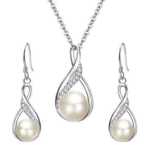 Clearine Women's 925 Sterling Silver Wedding Bridal CZ Freshwater Cultured Pearl/Simulated Opal Infinity Pendant Necklace Earrings Set Valentines/Mothers Day/Birthday/Christmas Jewellery Gift for Her