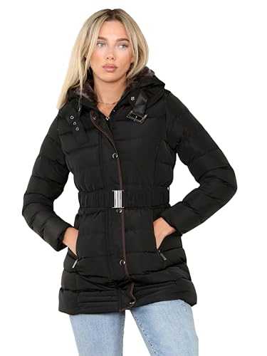 kraftd Women Winter Jacket Ladies Warm Short Coat Quilted Hooded Belted Faux Fur Puffer Jackets