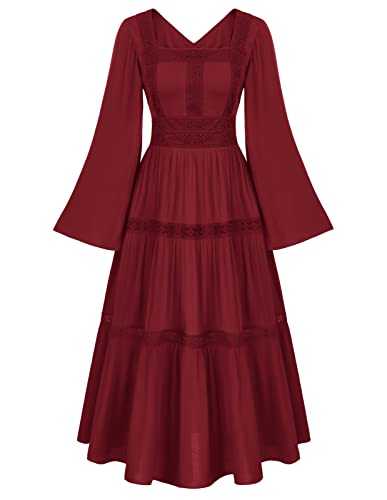 SCARLET DARKNESS Women Renaissance Dress V Back Bell Sleeves Tiered Pirate Peasant Flowy Midi Dress