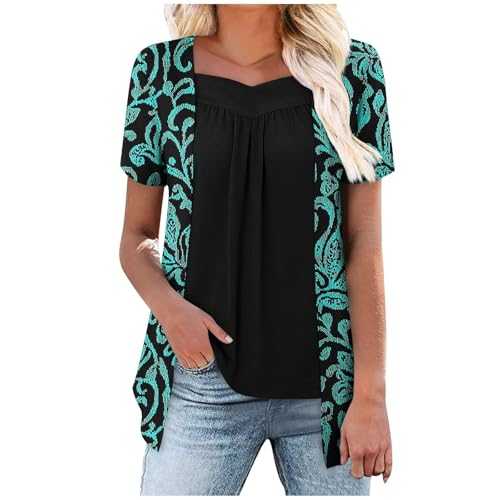 HOOUDO Womens T-Shirts Summer Square Neck Short Sleeve Blouses Ladies Pleated Tunic Tops Solid Flowy T Shirts Casual Dressy Blouse 2025