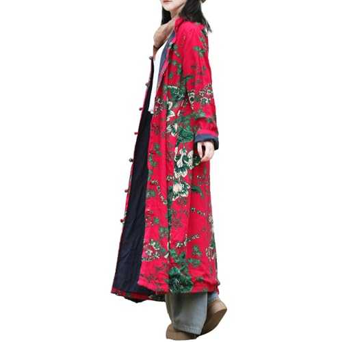 LZJN Women's Cotton linen Trench Coat Floral Print Long Jacket with Pockets