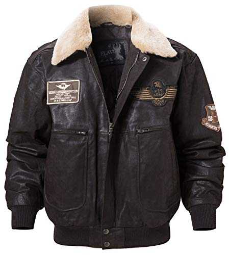 Men's Real Leather Bomber Jacket with Removable Collar