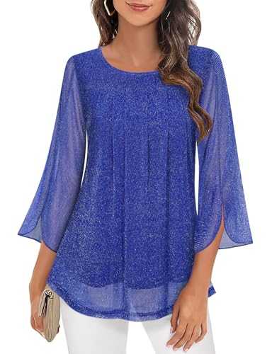 Ladies Tops Womens Blouses Ruffle 3/4 Sleeve Tops for Women Loose Flowy Round Neck Tunic Tops Double Layers Mesh Shirts S-3XL