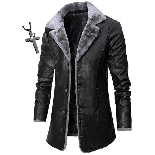 HECLOK Mens Genuine Leather Biker Jacket 3/4 Length Coat Wool Heating Warm Winter Long Leather Jacket Lined Duster Trench Coat+ Men's Necklaces