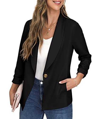 GRECERELLE Womens Blazer Suit Open Front Cardigan Ruched Sleeve Work Office Blazer Jacket with Buttons Pockets