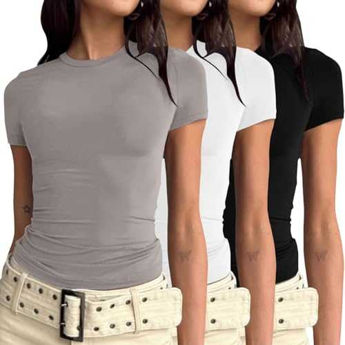 3 Pieces Women Y2k Basic Long/Short Sleeve Tight Top Slim Fitted Going Out Tee Shirt Round Neck Skim Dupe Crop Tops Aesthetic Streetwear