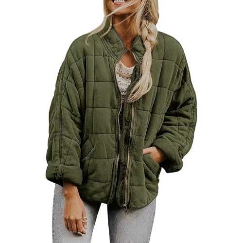 Womens Dolman Quilted Jackets Oversized Solid Long Sleeved Full Zip Padded Coat Stand Collar Coats Ladies Winter Lightweight Jacket Outerwear