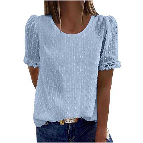 AMhomely Summer Tops for Women UK Chiffon Blouse Casual T-Shirt Round Neck Short Sleeve Lace Blouse Solid Color Loose Pullover Elegant Tunic Ladies Henley Basic Tops