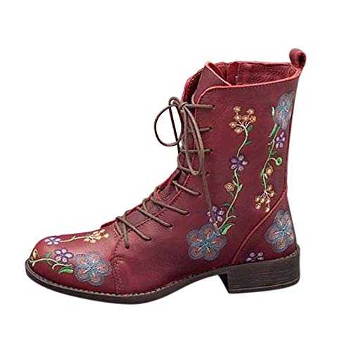 COVIDI Cowboy Boots for Women Retro Ankle Boots Walking Boots Block Heel Floral Embroidered Snow Boots Elegant Black Blue Brown Red Yellow 4.5-7UK