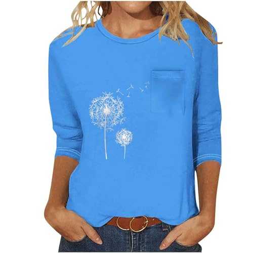 Ladies Tops Women Summer Top Casual Loose 3/4 Sleeve Tops Women Dandelion Print Blouses for Women UK Elegant Plus Size Tunic for Women Crewneck Three Quarter Sleeve Tops with Pocket Going Out Tops