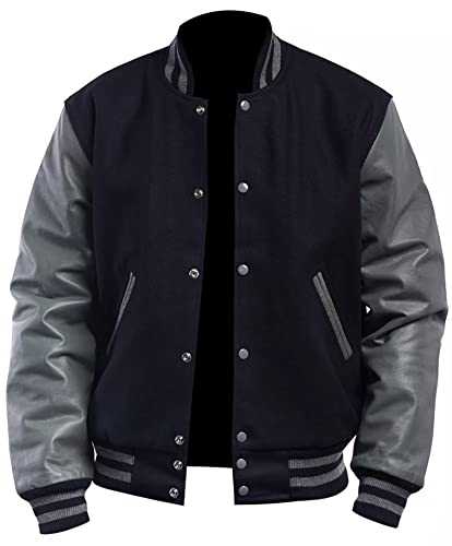 CHAYELL Varsity Jacket Men Unisex Highschool College Baseball Letterman Bomber Wool Faux Leather Jacket for Womens, Black