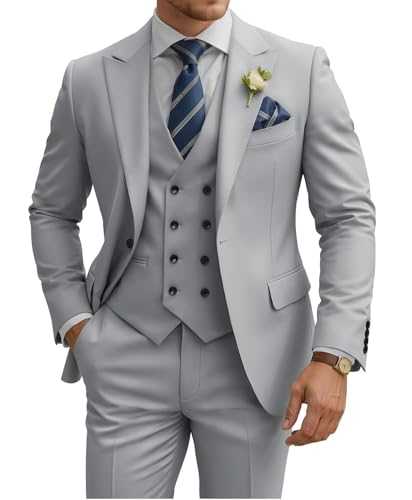 TIJOFA Double Breasted 3 Pieces Suit Men Slim Fit Classic One Button Jacket Blazer Vest Pants Set Formal Wedding Tuxedo