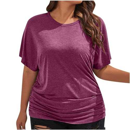 FNKDOR Summer T Shirts for Women UK Plus Size Casual Round Neck Tee Shirt Short Sleeve Basic Soft Lightweight Comfy Ladies Outfits Solid Color Ruched Oversized Loose Fit Blouse
