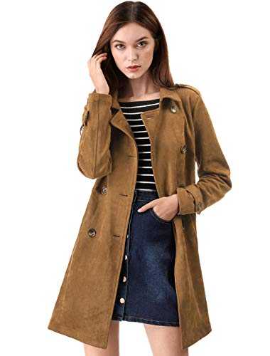 Allegra K Women's Notched Lapel Double Breasted Faux Suede Trench Coat Jacket with Belt