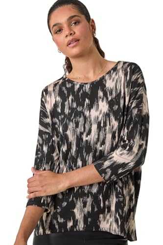 Roman Originals Abstract Line Print Stretch Jersey Top for Women UK - Ladies Everyday Autumn Winter Round Neckline Comfy Soft Evening Vacation Work Party Night Out