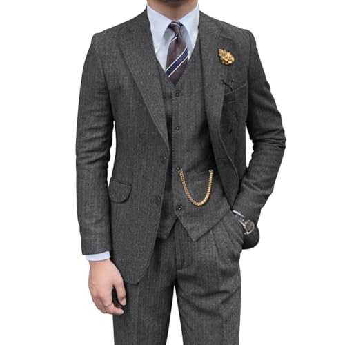 Retro Mens 3 Piece Suit Tweed Herringbone Slim Fit Suits Groomsmen Brown Tuxedos Set Prom Jacket Blazer Vest Pants for Men