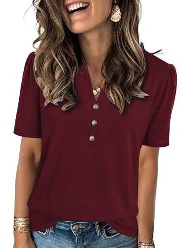 Famulily Womens Summer Tunic Tops Puff Short Sleeve Longline T-Shirts Button Loose Casual V Neck Going Out Blouse
