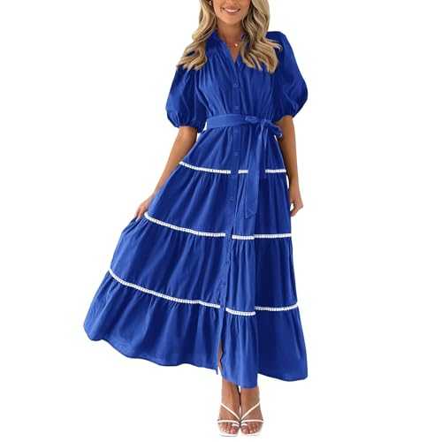 Women Casual Summer Dress Short Sleeve Button Down Shirt Dress Tie Waist Boho Beach Swing Sundress Flowy Tiered Maxi Long Dresses