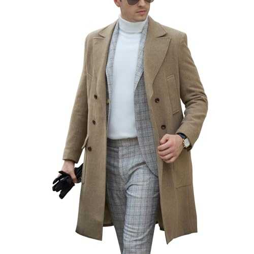 Tiefony Men's Herringbone Wool Blend Long Overcoat Pea Coat, Double Breasted Slim Fit Winter Wool Jackets