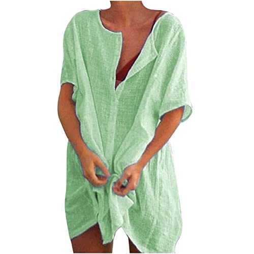 RLEHJN Shirt Dresses for Women UK Sale Clearance Elegant Summer Casual Dresses Solid Color Short Sleeve Mini Dress Plain Button Down Short Dresses for Beach Vacation Sundresses S-XXL