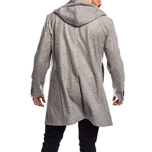 men's Wool Coat, Peacoat hooded long jacket double breasted overcoat, Grey, L