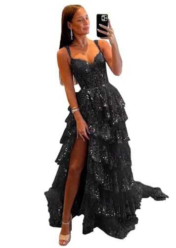 vintys Glitter Tiered Tulle Lace Prom Dresses Long for Teens 2024 Spaghetti Straps Formal Wedding Evening Gowns VS035
