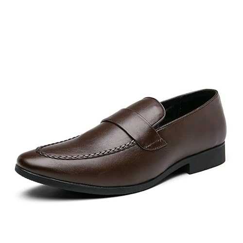 Oxford Shoes for Men Slip On Pointed Toe PU Leather Apron Toe Penny Loafer Low Top Rubber Sole Block Heel Working