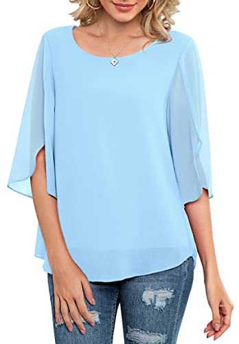 Neineiwu Womens Casual Scoop Neck Loose Top 3/4 Sleeve Chiffon Blouse Shirt Tops