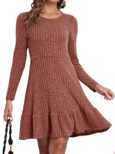 Joligiao Jumper Dress for Women Long Sleeve Plain Short Dress Elegant Solid Color Autumn Winter Dress Round Neck Loose Casual Dress High Waist Swing Hem Dress Sweater Dress