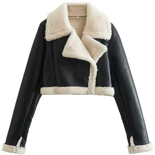 Women Winter Leather Jacket Thicken Fleece Lined Motorcycle Jacket Faux Fur Shearling Fluffy Coat Cropped Bomber Jacket/Ladies Girls Winter Clothes Winter Sale Clearance/UK Size/Shipping 7 Days