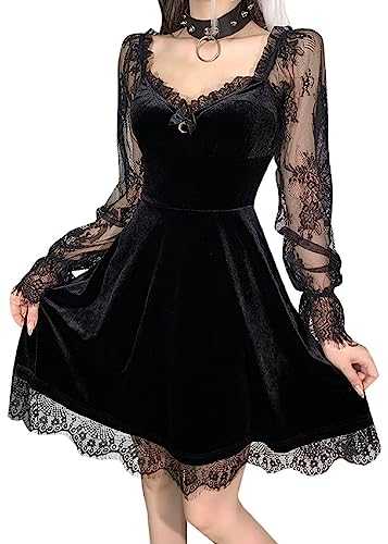 Gothic Lace Velvet Short Dress V Neck Half Moon Sexy Halloween Party Dress Cocktail Casual Mini Dress
