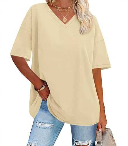 ADOREJOY Oversized Tshirts for Women V Neck Summer Short Sleeve Casual Loose Tunic Tees