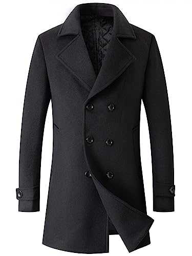Men's Winter Coat Wool Blend Trench Overcoat Casual Double Breasted Long Pea Topcoat