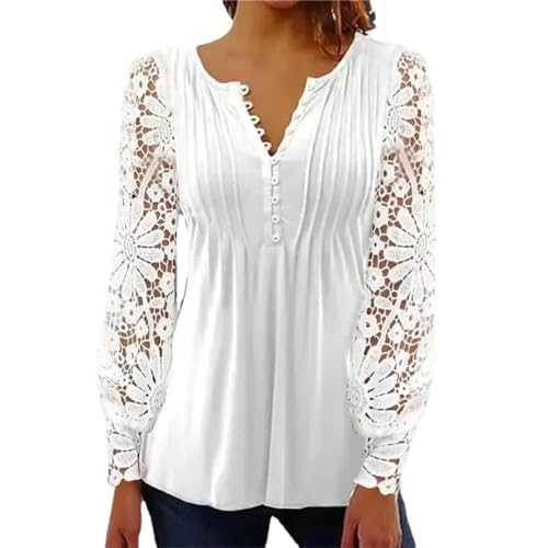 Tops for Women UK Elegant Ladies Tops Lace Patchwork Shirts Long Sleeve V Neck Blouse Plus Size Casual Loose T-Shirt