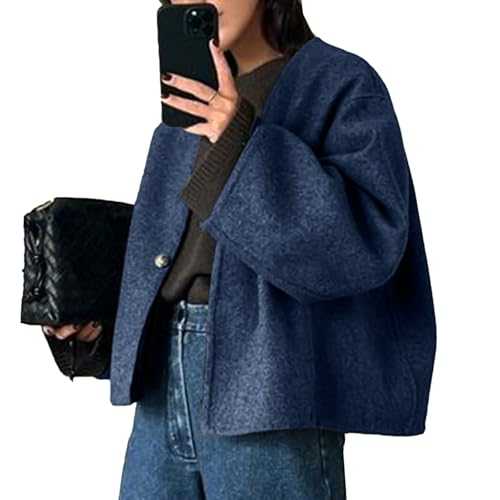 Women's Cropped Wool Blend Peacoat, Grey, Short Length, Loose Fit, Long Sleeve, Collarless, Autumn, Winter