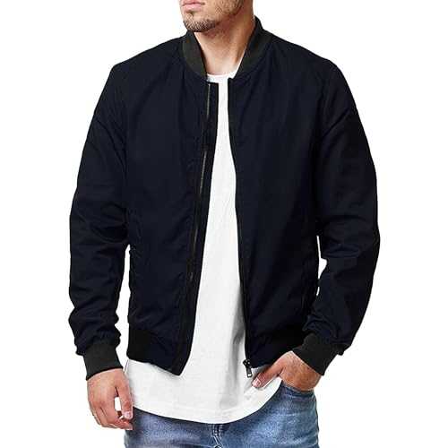 Mens Lightweight Cotton Flight Jacket Casual Solid Color Baseball Jackets Stand Collar Windproof Bomber Coat