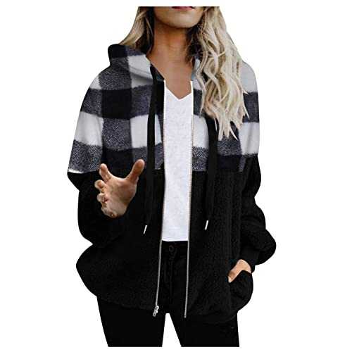 Jackets For Women Uk Plus Size Long Sleeve Outwear With Pockets Zip Double-Sided Fleece Women Jacket Winter Warm Soft Fluffy Jacket Overcoat Cardigan Hoodies Teddy Coats For Women Padded And Thickened