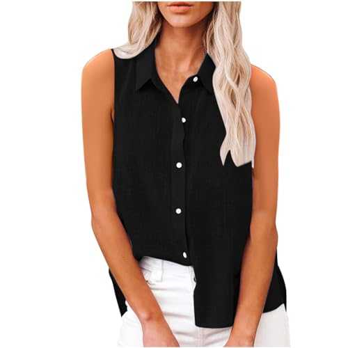 Cotton Linen Shirts for Women UK Clearance,Ladies Summer Sleeveless Classic Collared Tops Button Up Lapel Blouses Casual Tshirt Loose Comfy Tunic Beach Weartank Tops for Work Blouses