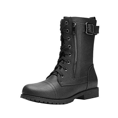 DREAM PAIRS Women's Mission Mid Calf Built-in Wallet Pocket Lace up Leather Military Combat Lady's Comfy Waterproof Boots with Zip