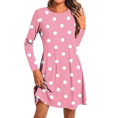 Zeiayuas Summer Dresses for Women UK Sale Clearance Women's Casual Loose T Shirt Dresses Midi Summer Tunic Dress for Women Crew Neck Long Sleeve Polka Dot Print Nightdress Simple Comfortable Dress