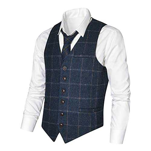 VOBOOM Men's Slim Fit Herringbone Tweed Suits Vest Premium Wool Blend Waistcoat