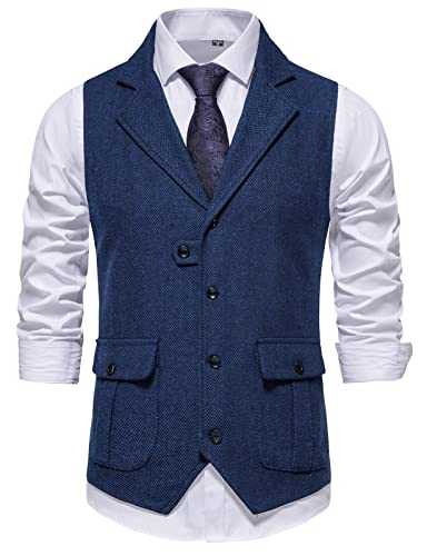 FEOYA Men's Herringbone Tweed Vest Classic Wool Waistcoat Casual Slim Fit Suit Vest for Wedding Business Party